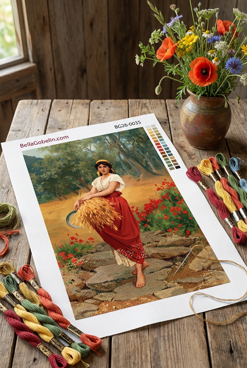 Erntedame in einer Landschaftsbild-Gobelin-Needlepoint