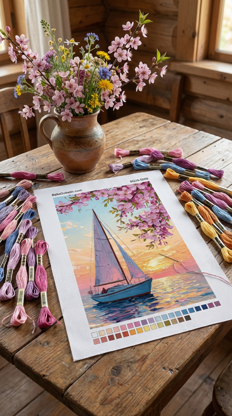Segelboot mit Blumen im Sonnenuntergang