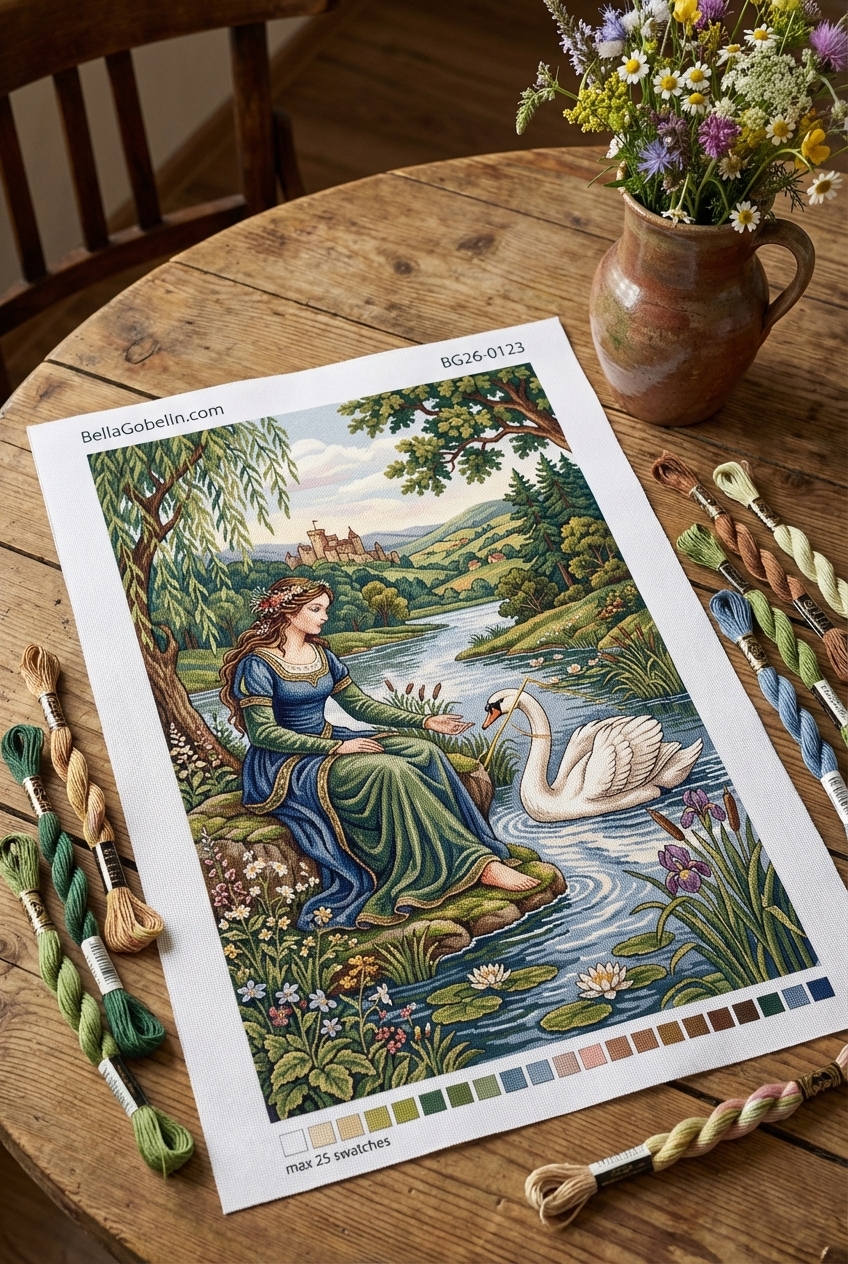 Frau mit Schwan in einer Landschaft