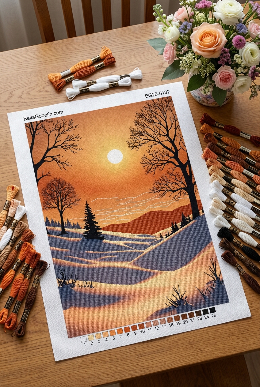 Winterlandschaft mit orangefarbener Himmel