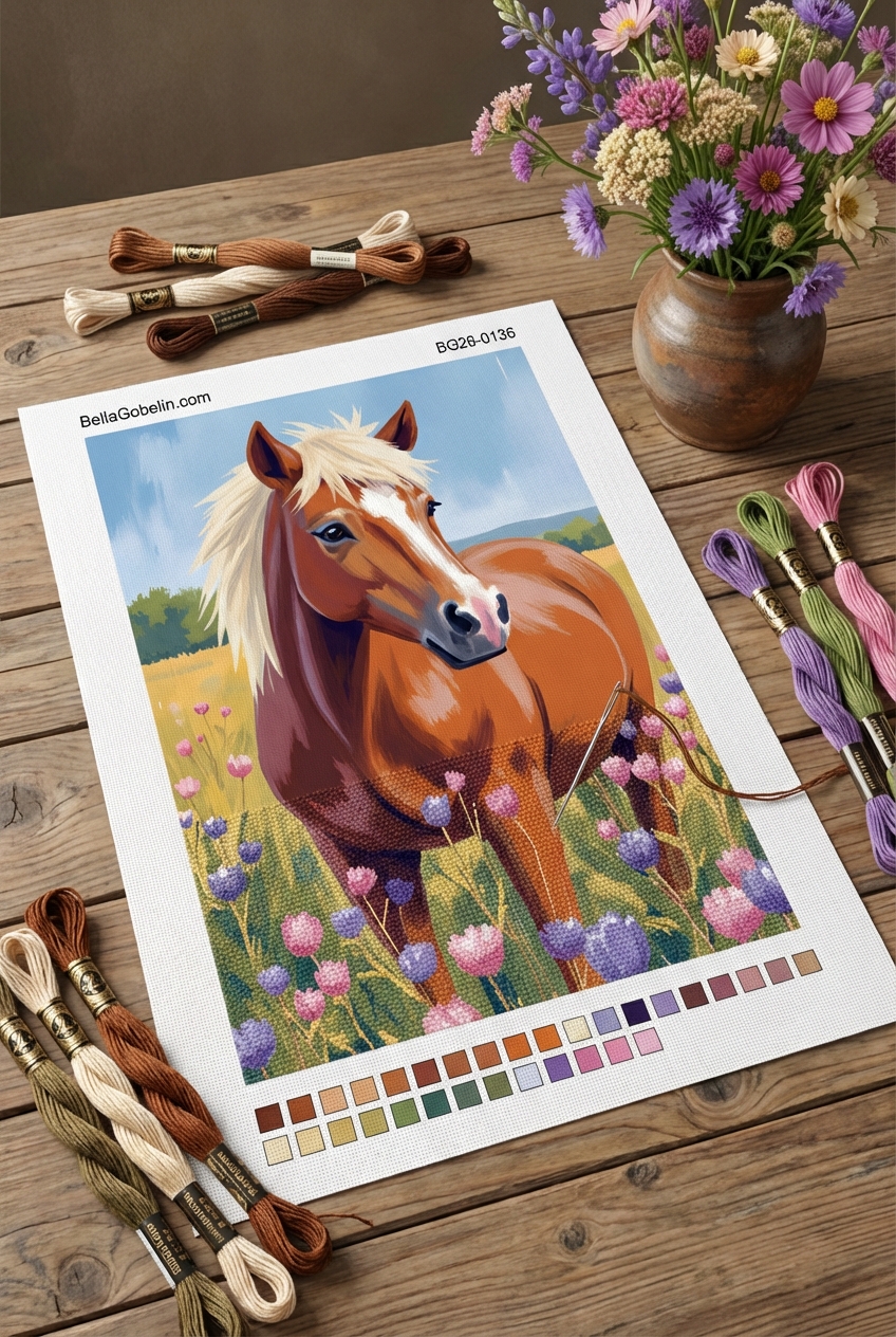 Pferd in einem blumenübersäten Feld