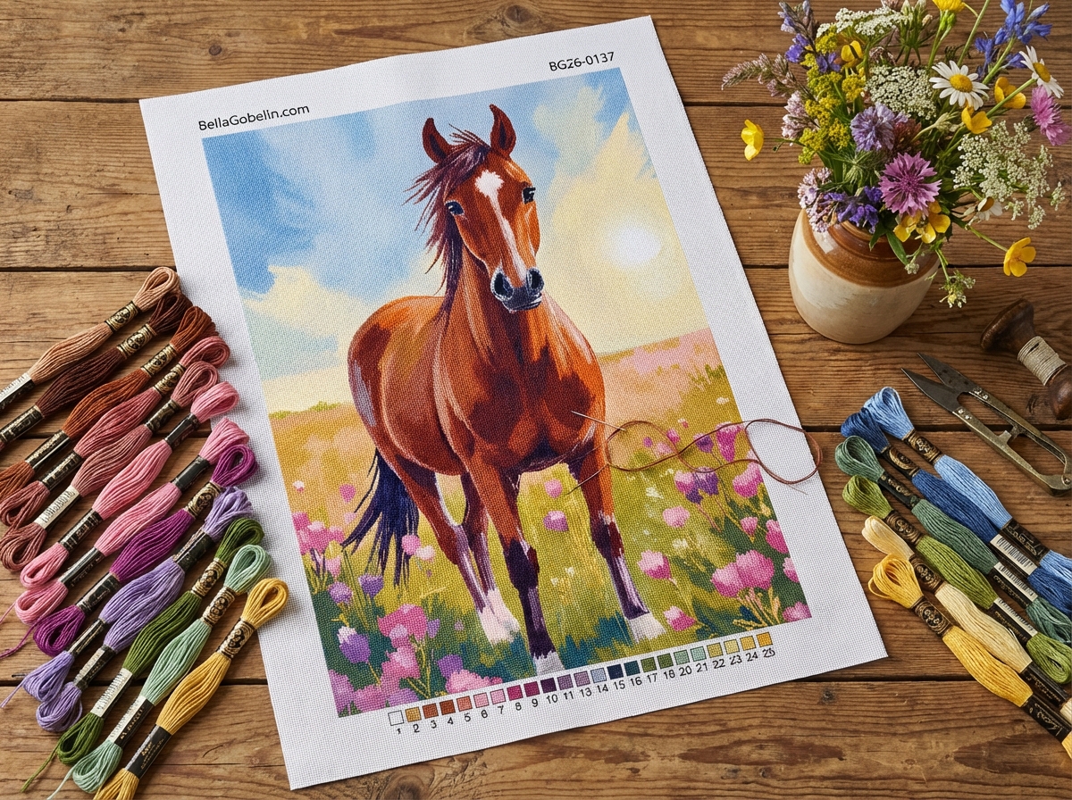 Pferd in einem blumenübersäten Feld