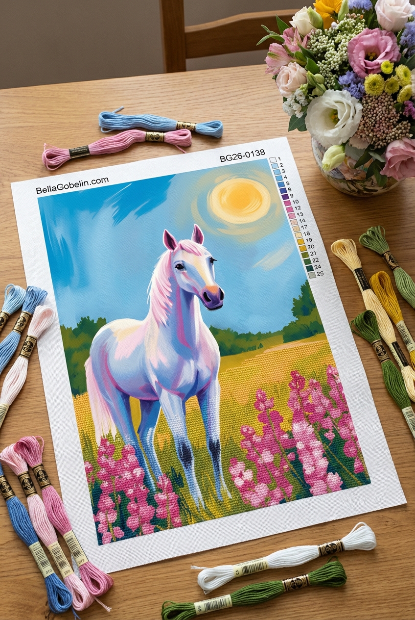 Pferd mit Blumen auf der Wiese