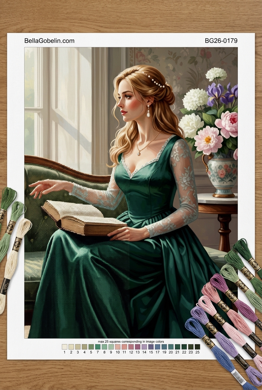 Dame, die ein Buch liest, in grünem Kleid