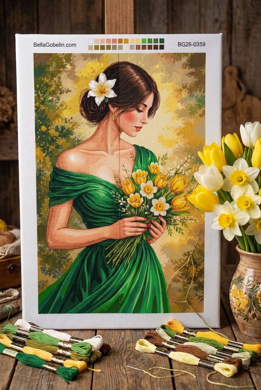 Dame in grünem Kleid mit gelbem Blumenstrauß