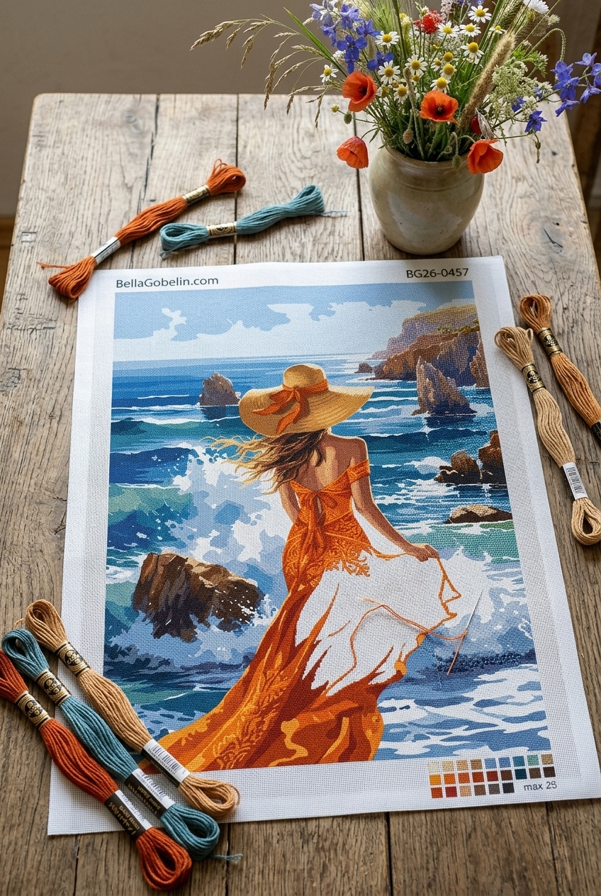 Frau in orangefarbenem Kleid am Strand beim Sticken