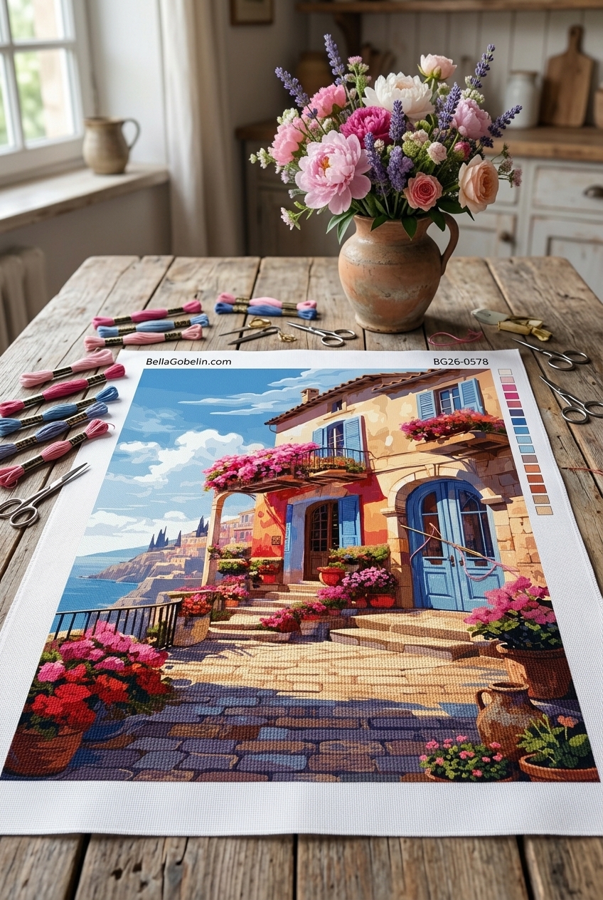 Mediterranes Küstenhaus mit Blumen (Gobelin)