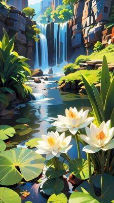 Wasserfall mit Seerosen