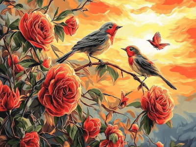 Vögel zwischen Rosen