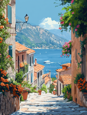 Mittelmeerstraße mit Meerblick und Blumen