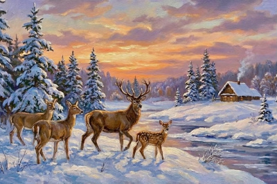 Hirsche im Winter an der Waldhütte