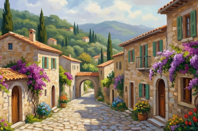 Italienische Kleinstadtstraße mit Gobelin-Design