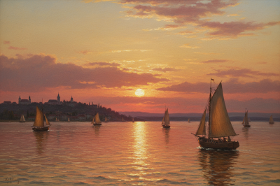 Dubovszkoj - Sonnenuntergang mit Segelschiffen Nachbildung