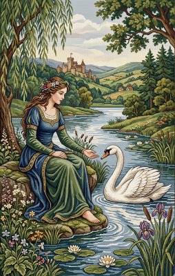 Frau mit Schwan in einer Landschaft