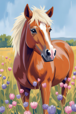 Pferd in einem blumenübersäten Feld