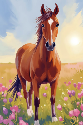 Pferd in einem blumenübersäten Feld