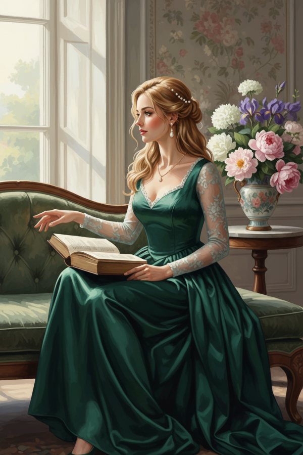 Dame, die ein Buch liest, in grünem Kleid
