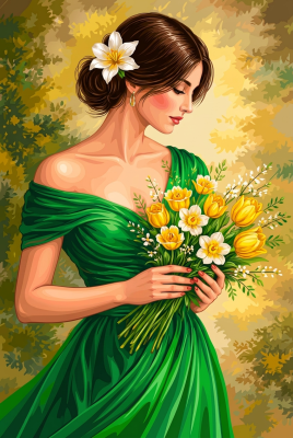 Dame in grünem Kleid mit gelbem Blumenstrauß