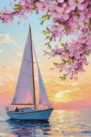 Segelboot mit Blumen im Sonnenuntergang