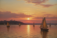Dubovszkoj - Sonnenuntergang mit Segelschiffen Nachbildung