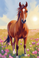 Pferd in einem blumenübersäten Feld
