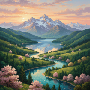 Berglandschaft mit blühenden Bäumen