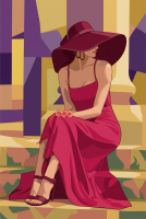 Elegante Dame mit Hut – Version in purpurfarbenem Kleid