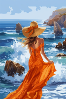 Frau in orangefarbenem Kleid am Strand beim Sticken